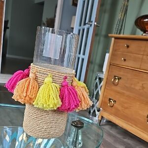 NWT Hobby Lobby Tassel Rope Glass Vase Bohemian Home Decor Candle